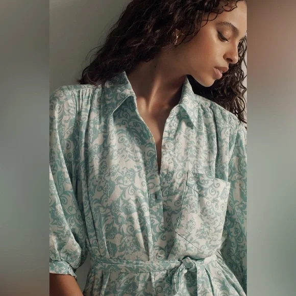 Anthropologie Maeve Button Front Belted Wrap Maxi Dress in Sky Size XL Linen - Picture 2 of 10